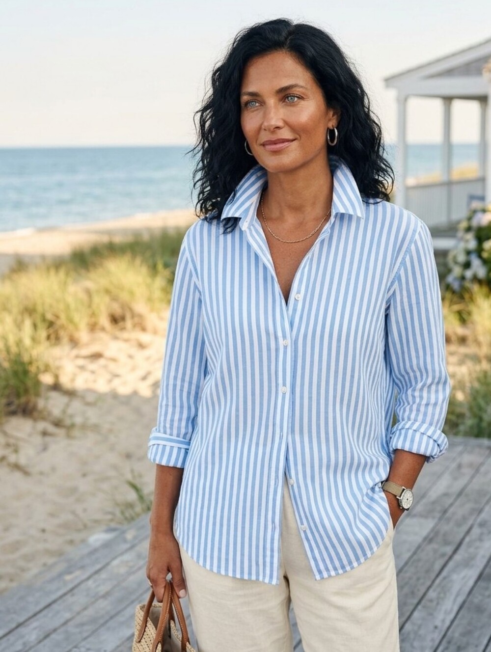 Stripe 100% Cotton Wrinkle Free Button Down Shirt Plus Size BLUE white Coastal